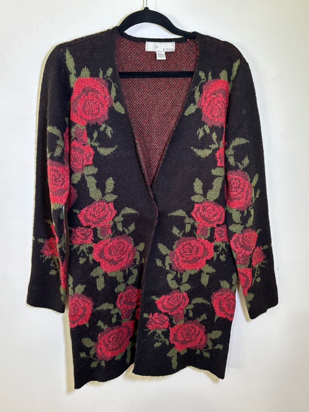 By Design knit CARDIGAN roses black LARGE jacket TOPPER